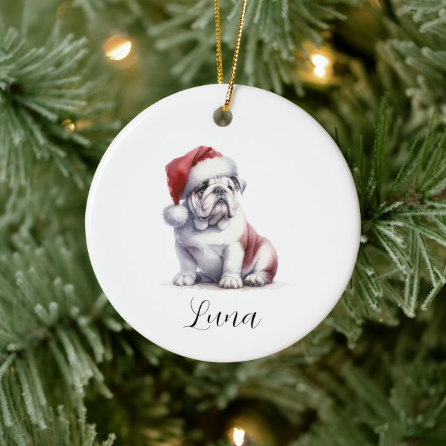 Christmas English Bull Dog Santa Hat Ornament (Tree)