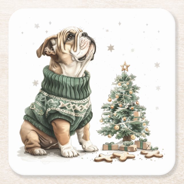 Christmas English Bulldog Christmas Tree Square Paper Coaster (Front)