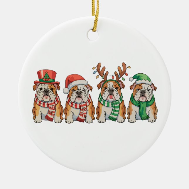 Christmas English Bulldog Dog Santa Hat Reindeer Ceramic Ornament (Front)