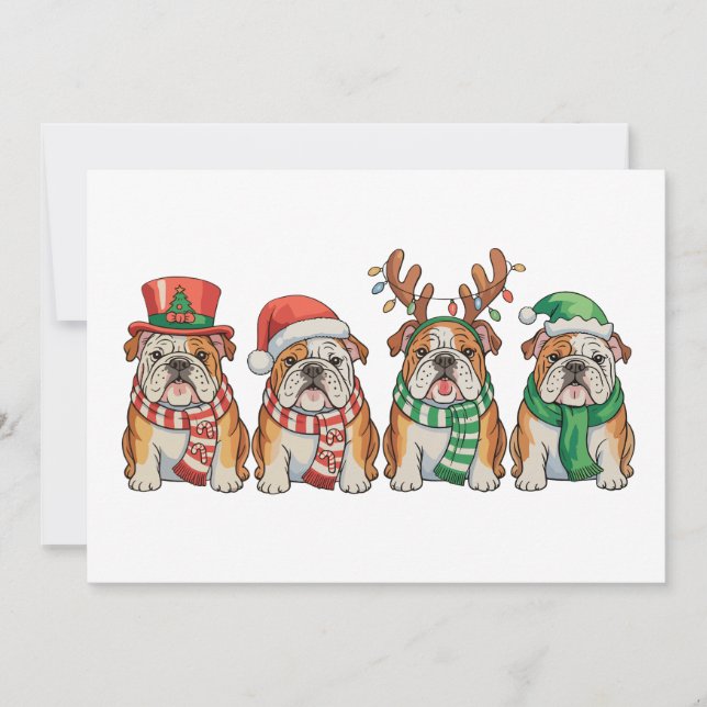 Christmas English Bulldog Dog Santa Hat Reindeer Holiday Card (Front)