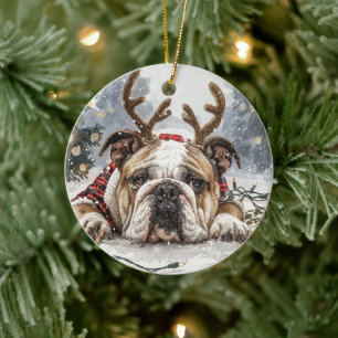 Christmas English Bulldog Reindeer Ceramic Ornament