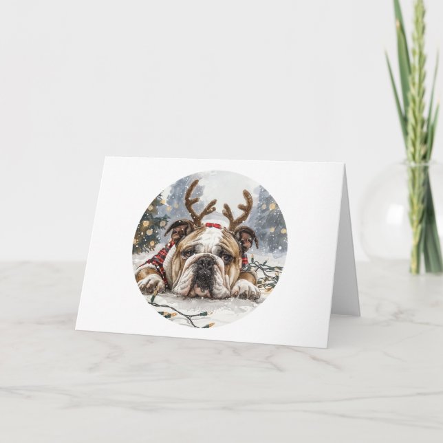 Christmas English Bulldog Reindeer Holiday Card (Front)