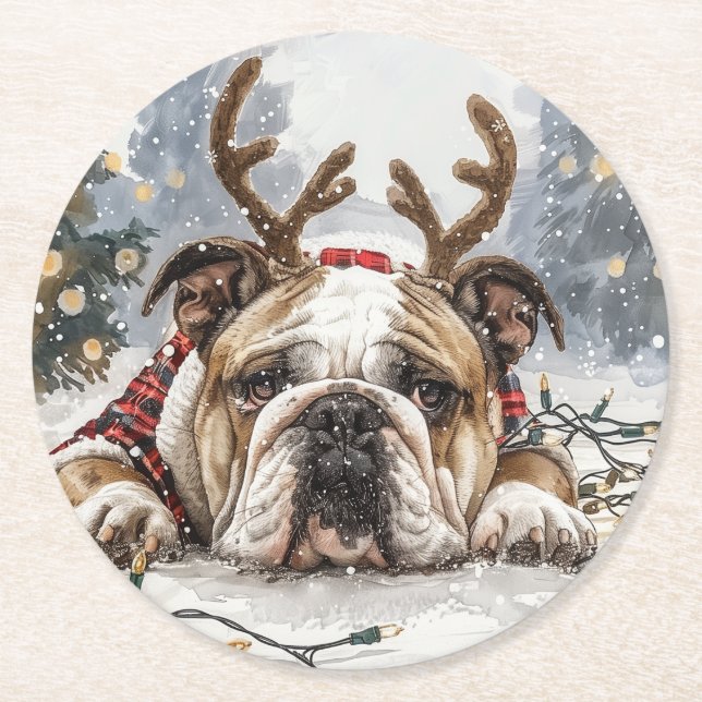 Christmas English Bulldog Reindeer Round Paper Coaster (Front)