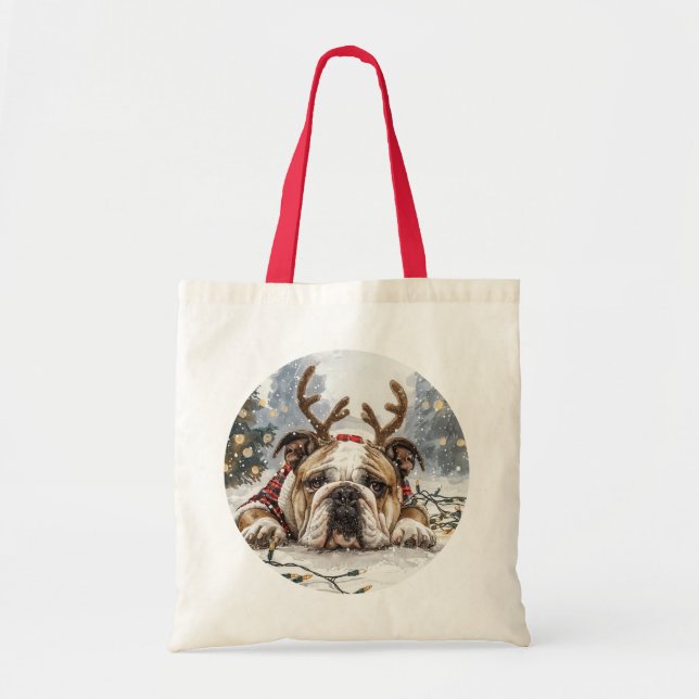Christmas English Bulldog Reindeer Tote Bag (Front)
