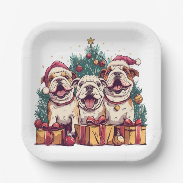 Christmas English Bulldog Santa Hats Paper Plate (Front)