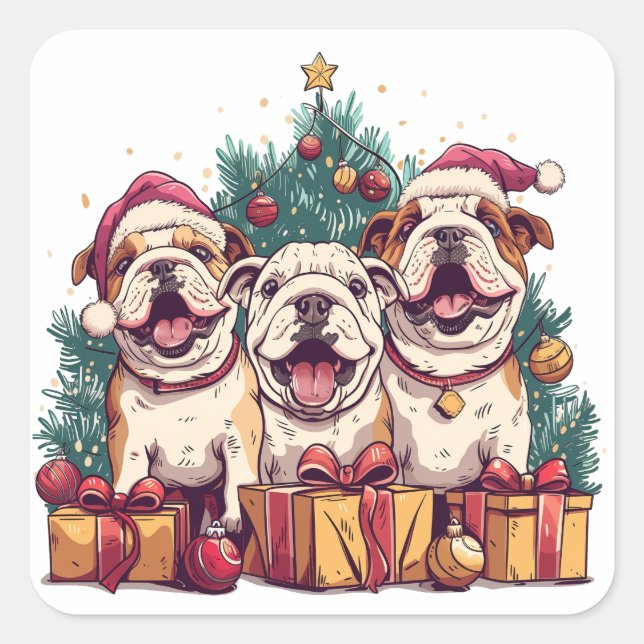 Christmas English Bulldog Santa Hats Square Sticker (Front)