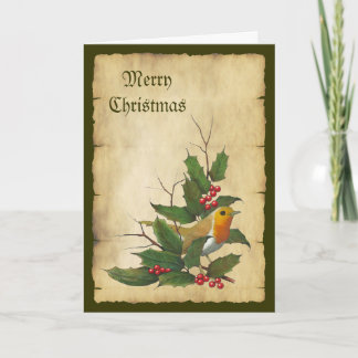 Christmas: English Robin, Parchment, Holly, Twigs Holiday Card