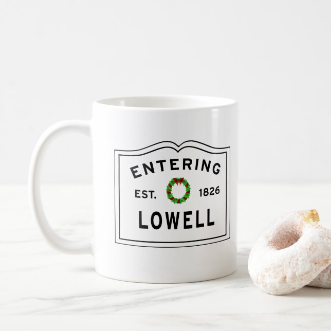 Christmas Entering Lowell, MA Holiday Wreath Coffee Mug (With Donut)