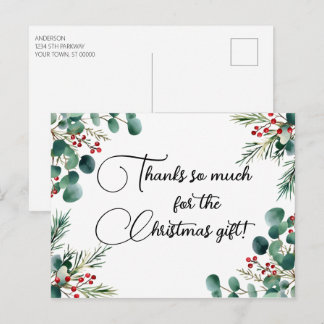 Christmas Eucalyptus Pine Berries Thank You Holiday Postcard
