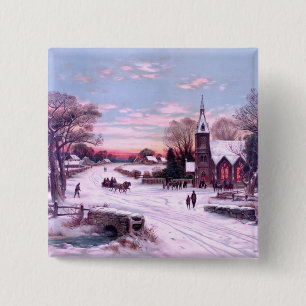 Christmas Eve at Church in snow Andrew Melrose 15 Cm Square Badge