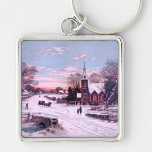 Christmas Eve at Church in snow Andrew Melrose Key Ring