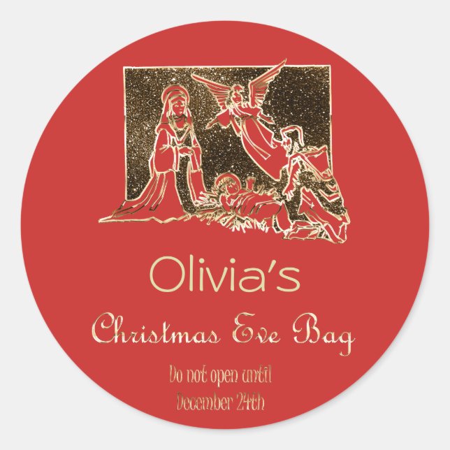 Christmas Eve Bag Nativity Red Faux Gold Text Classic Round Sticker (Front)