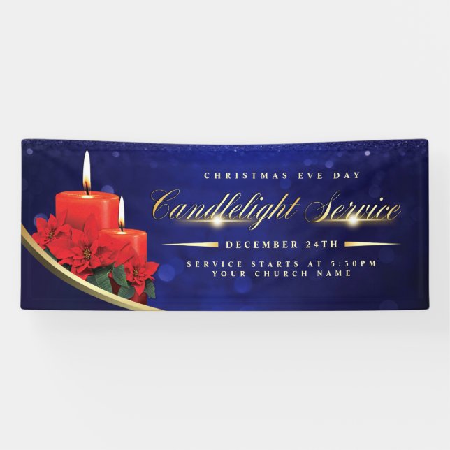 Christmas Eve Candlelight Poinsettia Blue Church Banner (Horizontal)
