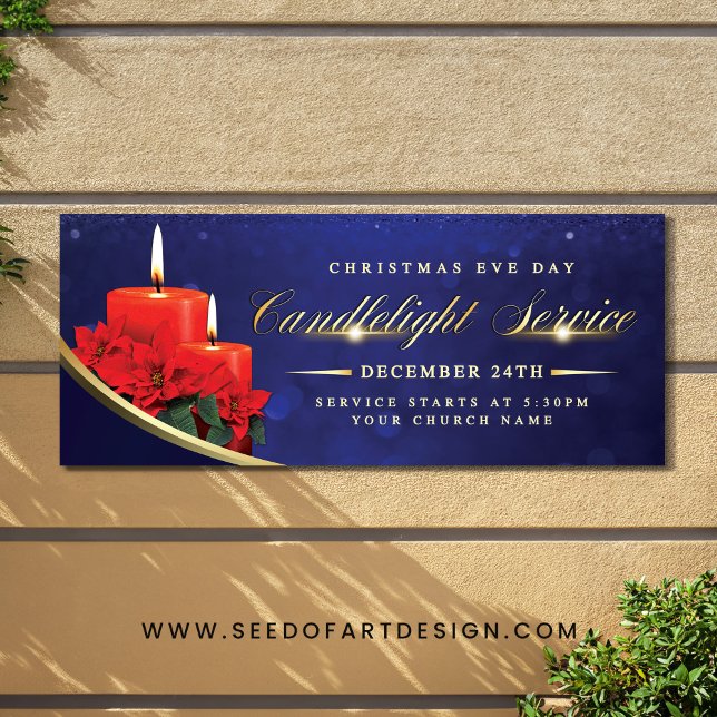Christmas Eve Candlelight Poinsettia Blue Church Banner (Creator Uploaded)