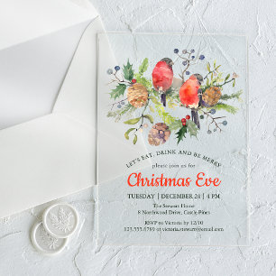 Christmas Eve Dinner Watercolor Bullfinch Floral Acrylic Invitations