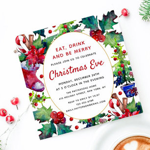 Christmas Eve Dinner Watercolor Stocking Holly Invitation