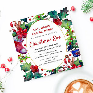 Christmas Eve Dinner Watercolor Stocking Holly Invitation