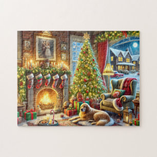 Christmas Eve Golden Retriever Cozy Fireplace Jigsaw Puzzle