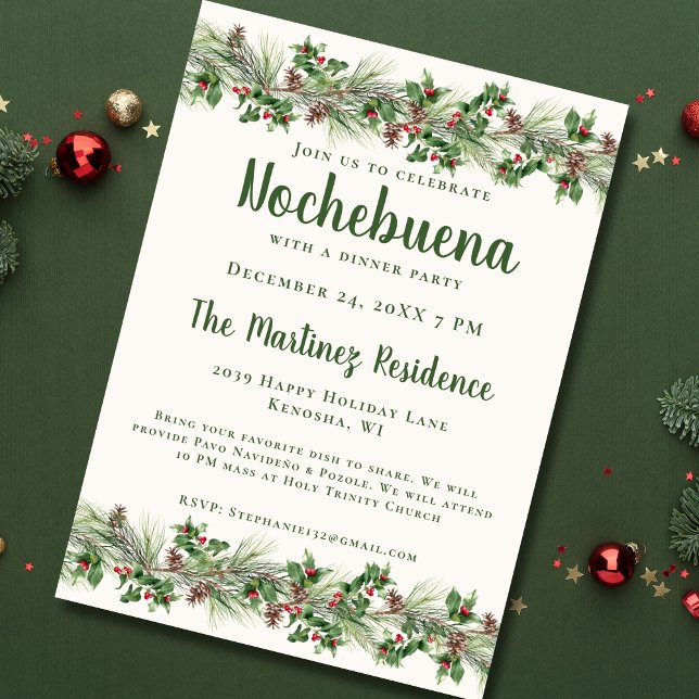 Christmas Eve Greenery Festive Mexican Nochebuena Invitation (Creator Uploaded)