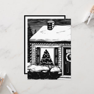 Christmas Eve House Tree in Window Black & White Card
