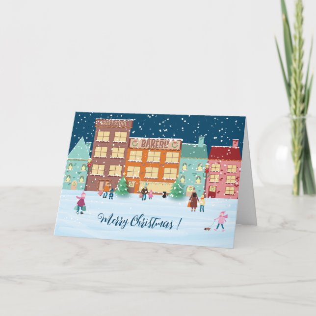 Christmas Eve in Town Folded Holiday Card (Front)