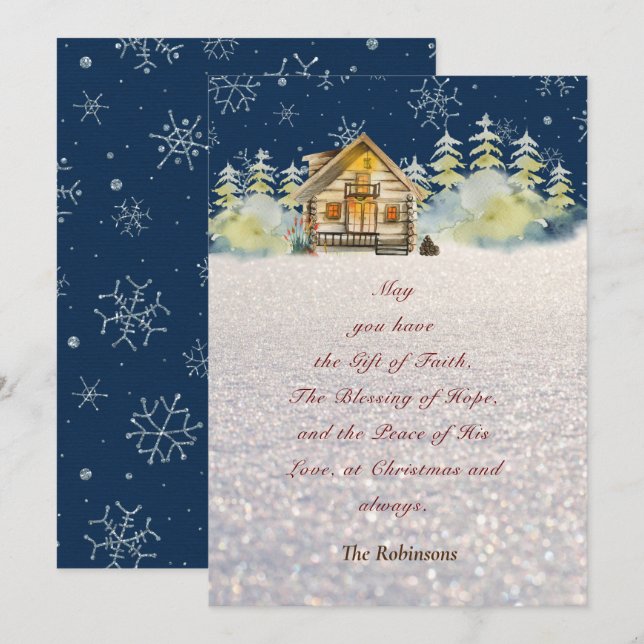 Christmas Eve Log Cabin Green Fur Trees Snowflakes Holiday Card (Front/Back)
