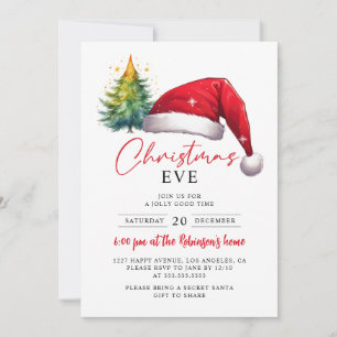 Christmas Eve Red Santa Hat Tree Stars Invitation