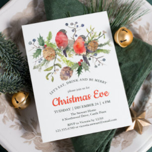 Christmas Eve Watercolor Bullfinch Floral Dinner Invitation