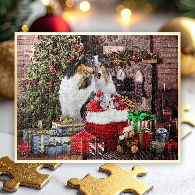 Christmas Eve with Rough Collie Family - Hor. Jigsaw Puzzle (Preview shows 14x11" Puzzle. Looks best on horizontal puzzles up to 20x16” size.)