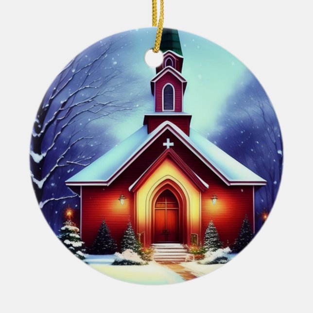  Christmas Evening Church Ceramic Ornament (Front)