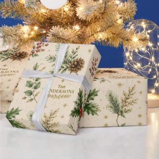 Christmas Evergreen Botanical Family Name Wrapping Paper