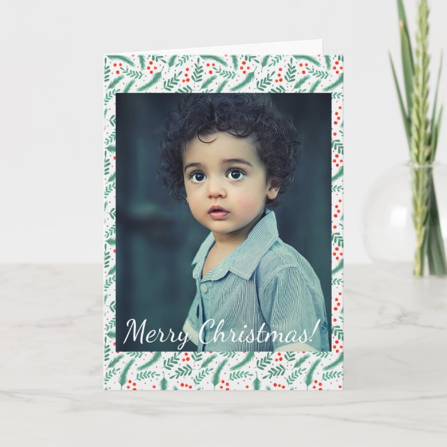 Christmas Evergreen Boughs and Holly Berries Photo Note Card (Front)