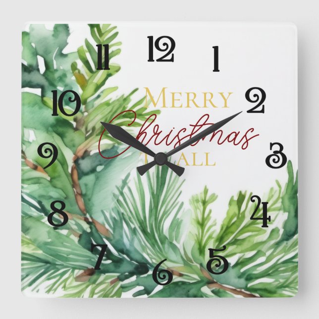 Christmas Evergreen Branch Square Wall Clock (Front)