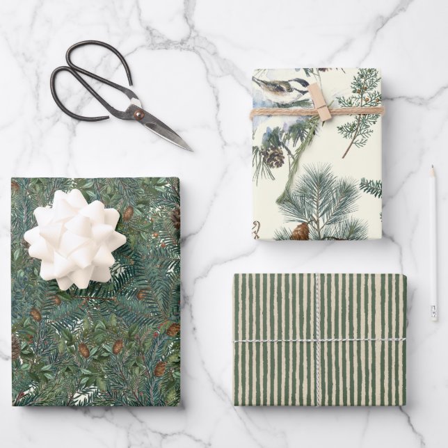 Christmas Evergreen Branches Pinecone Bird Stripe  Wrapping Paper Sheet (Front)