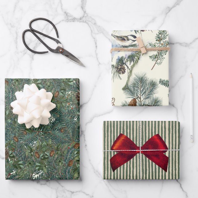 Christmas Evergreen Branches Pinecone Bird Stripe Wrapping Paper Sheet (Front)