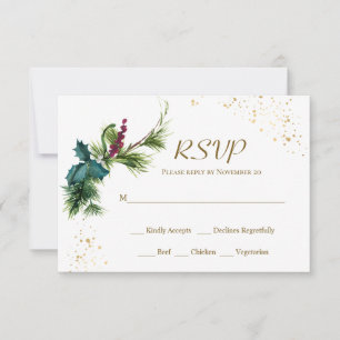 Christmas Evergreen Holly Winter Wedding RSVP Card