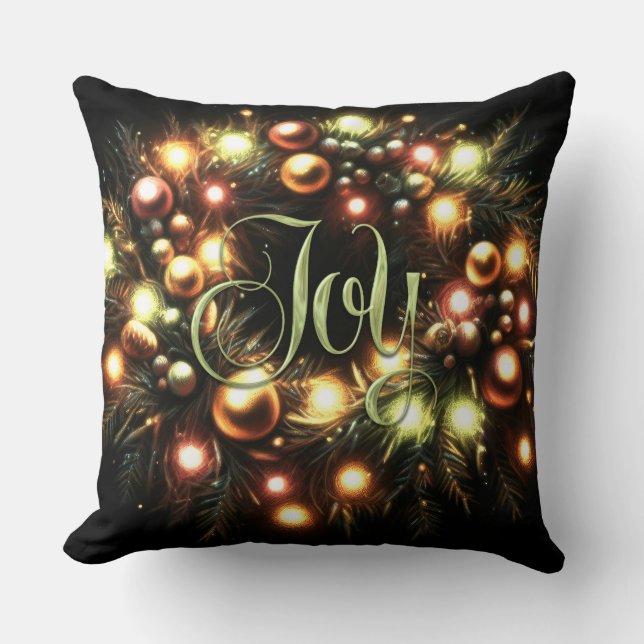 Christmas Evergreen Lighted Wreath Joy Cushion (Front)