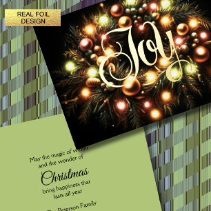 Christmas Evergreen Lighted Wreath Joy Foil Holiday Card