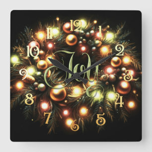 Christmas Evergreen Lighted Wreath Joy Square Wall Clock