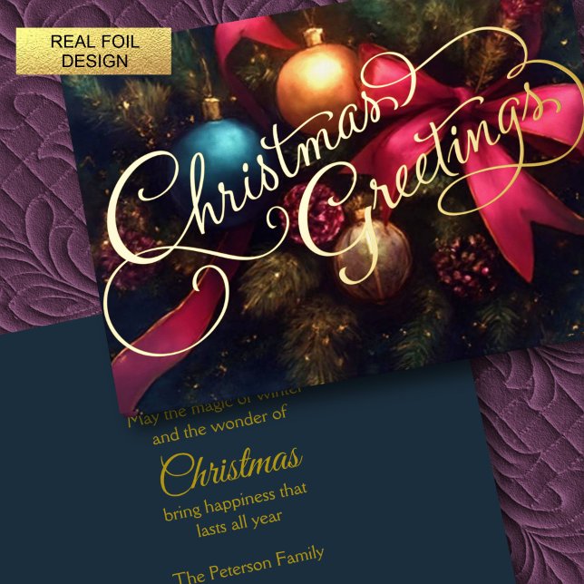 Christmas Evergreen Ornament Ribbon Foil Holiday Card (Creator Uploaded)