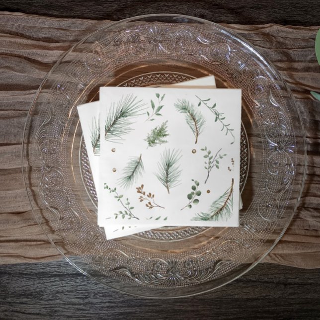 Christmas Evergreen Pine Trees Woods Cabin Napkin (Elegant modern simple Christmas party napkins or business holiday party napkins with evergreen sprig)