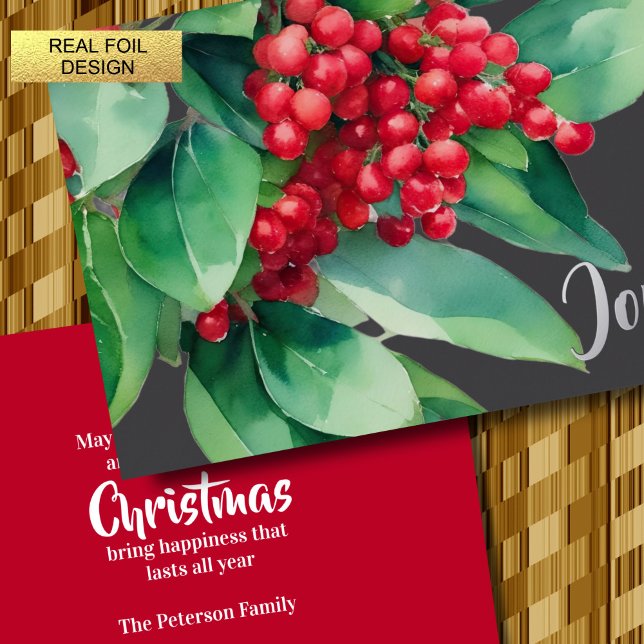 Christmas Evergreen Red Berries Foil Holiday Card (Creator Uploaded)