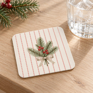 Christmas Evergreen & Red Berry Stripes Square Paper Coaster