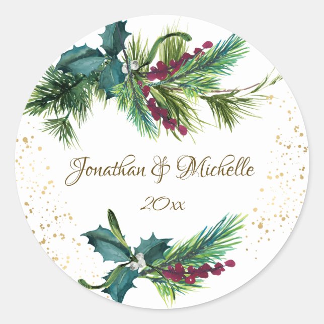 Christmas Evergreen Red Berry Winter Wedding Classic Round Sticker (Front)