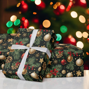 Christmas Evergreen Tree Ornaments Red Gold Wrapping Paper