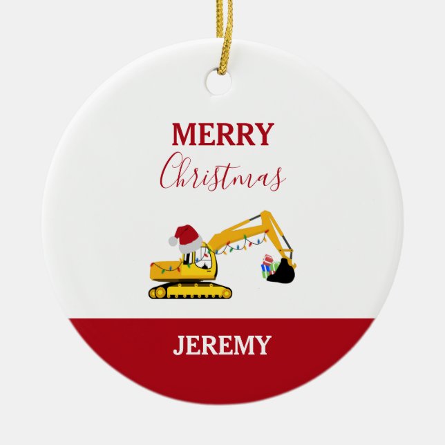 Christmas Excavator Construction Truck Custom  Ceramic Ornament (Front)