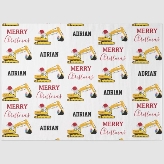 Christmas Excavator Construction Truck Custom Name Tissue Paper (Front)
