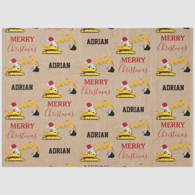 Christmas Excavator Construction Truck Custom Name Tissue Paper (Front)