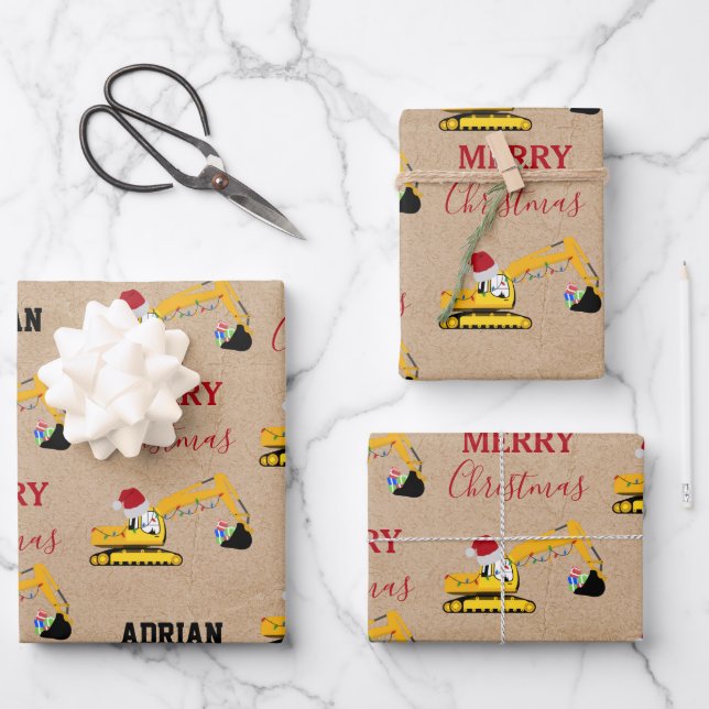 Christmas Excavator Construction Truck Custom Name Wrapping Paper Sheet (Front)