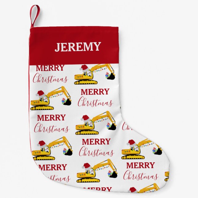 Christmas Excavator Construction Truck Custom Small Christmas Stocking (Front)